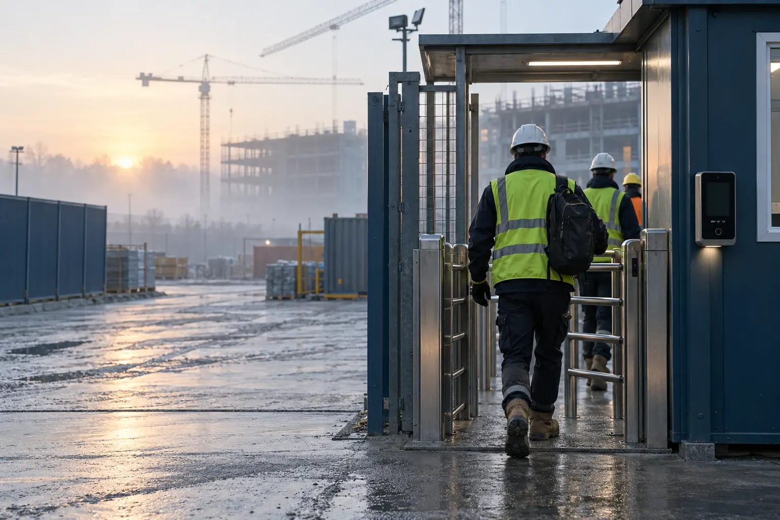 Workers in hard hats and hi-vis vests walking through a site entrance turnstile at dawn, past a wall-mounted attendance terminal.