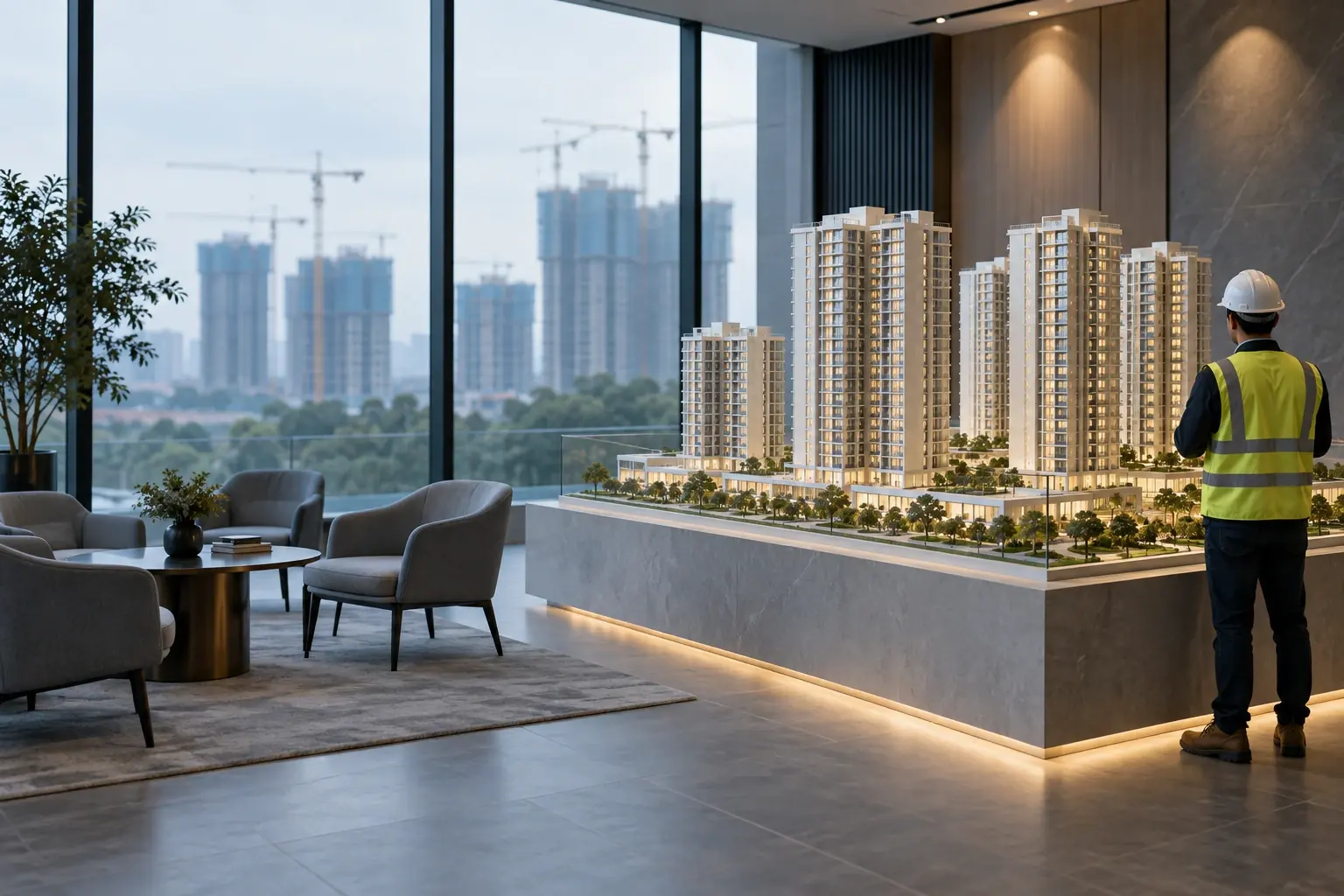 A residential sales gallery with a lit scale model of apartment towers, lounge chairs by the window and real towers under construction outside.