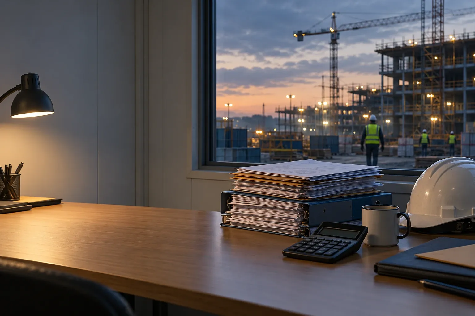 A site office desk at dusk with stacked folders, a calculator, a mug and a hard hat, looking out onto a lit construction site.