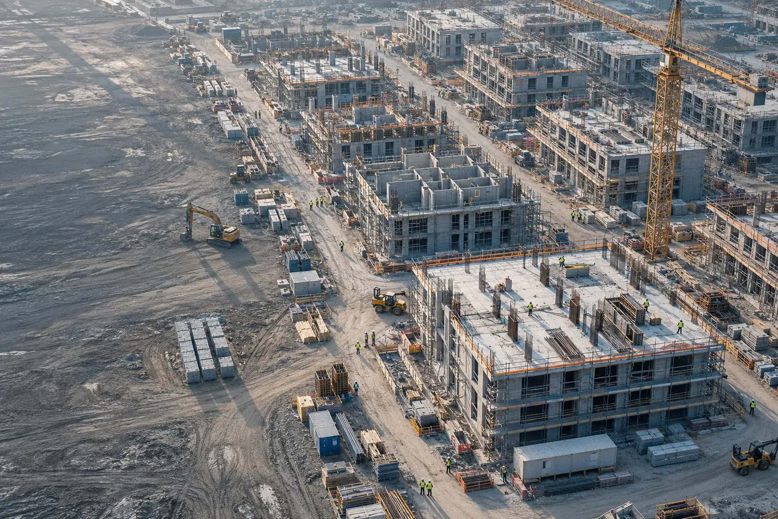 Aerial view of a large construction site with rows of concrete building blocks at different stages, workers and machines between them and a tower crane.