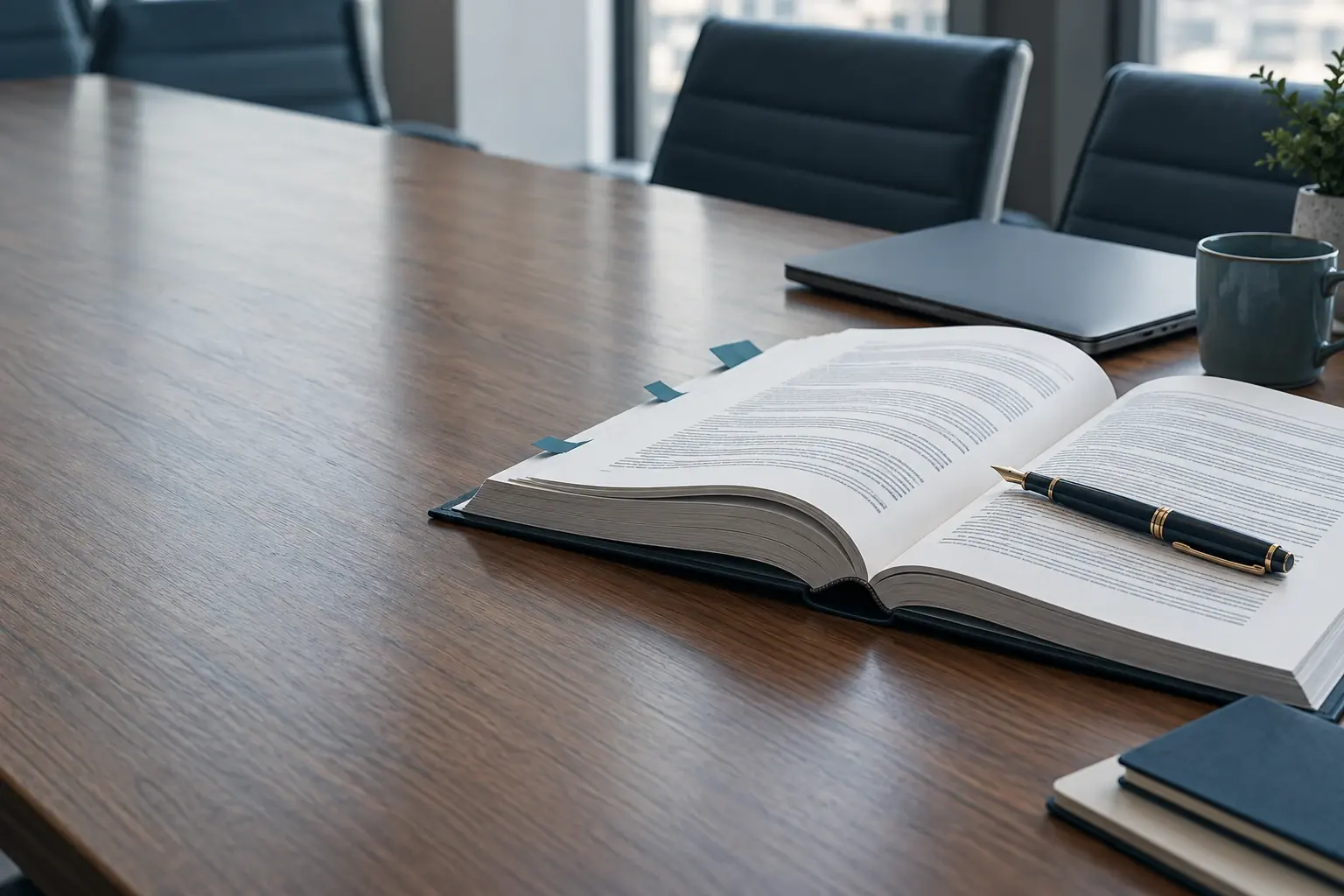 A thick contract open on a meeting table, with teal flags marking clauses, a fountain pen across the page and a closed laptop behind.