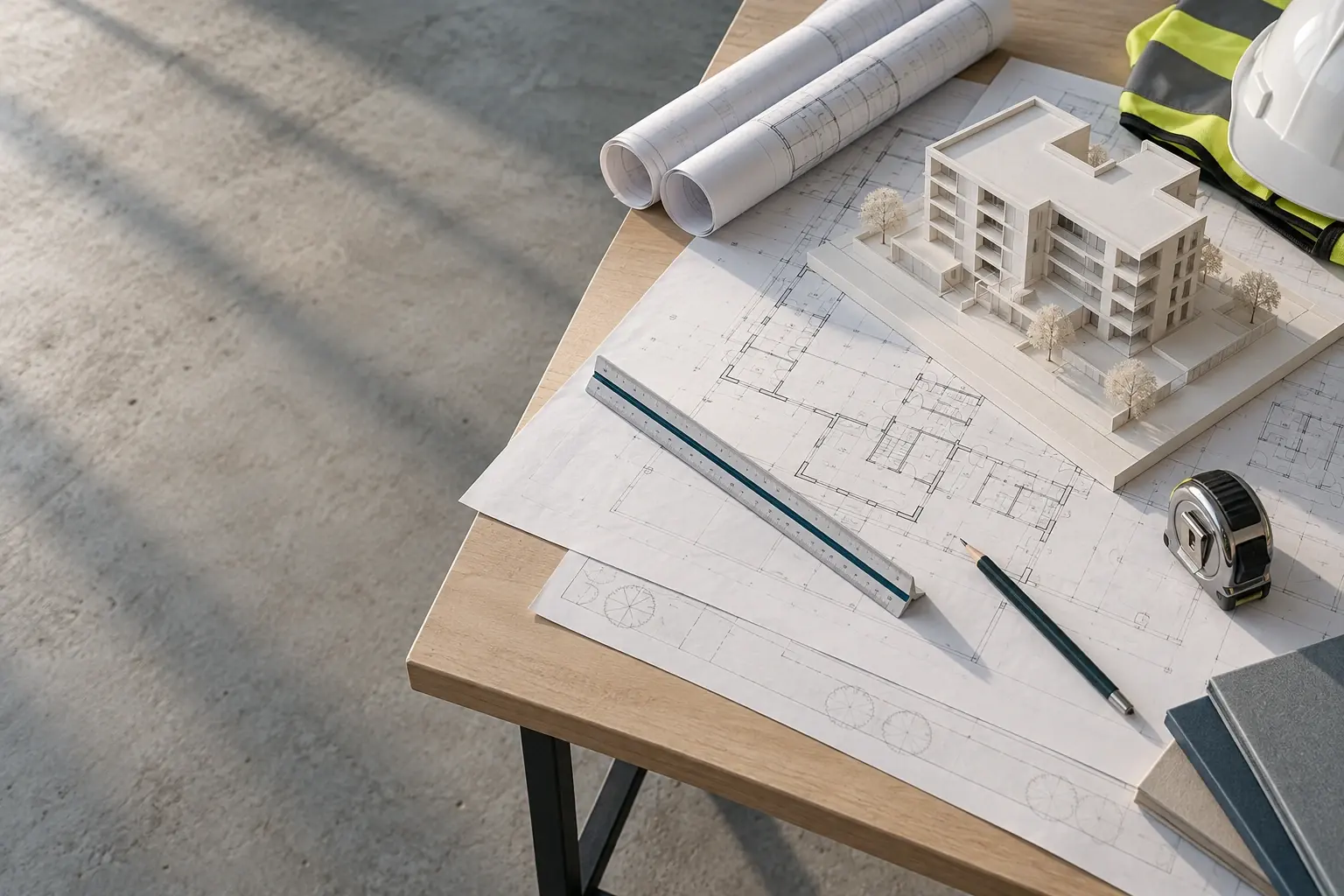 A worktable with floor-plan drawings, a scale ruler, a pencil, a tape measure and a white card model of a mid-rise building.