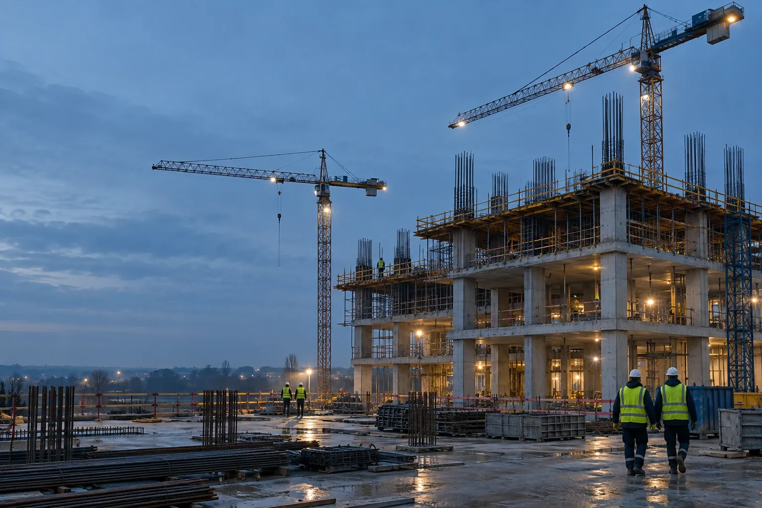 A partly built reinforced-concrete frame at dusk, with two lit tower cranes and two workers in hi-vis walking across the wet slab.