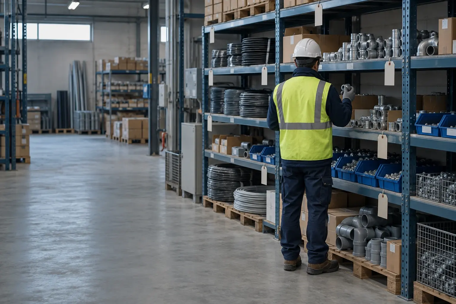 A storekeeper in hi-vis checking pipe fittings on steel shelving in a construction store, with cable coils, bins and blank tags.