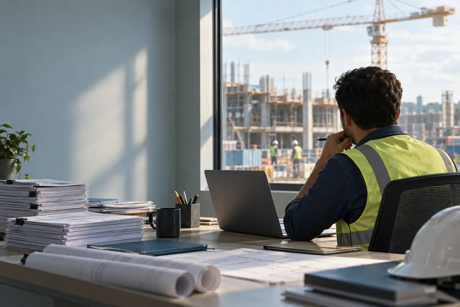 A project engineer in a hi-vis vest at a site-office desk with a laptop, stacks of documents and rolled drawings, looking out at a building under construction.