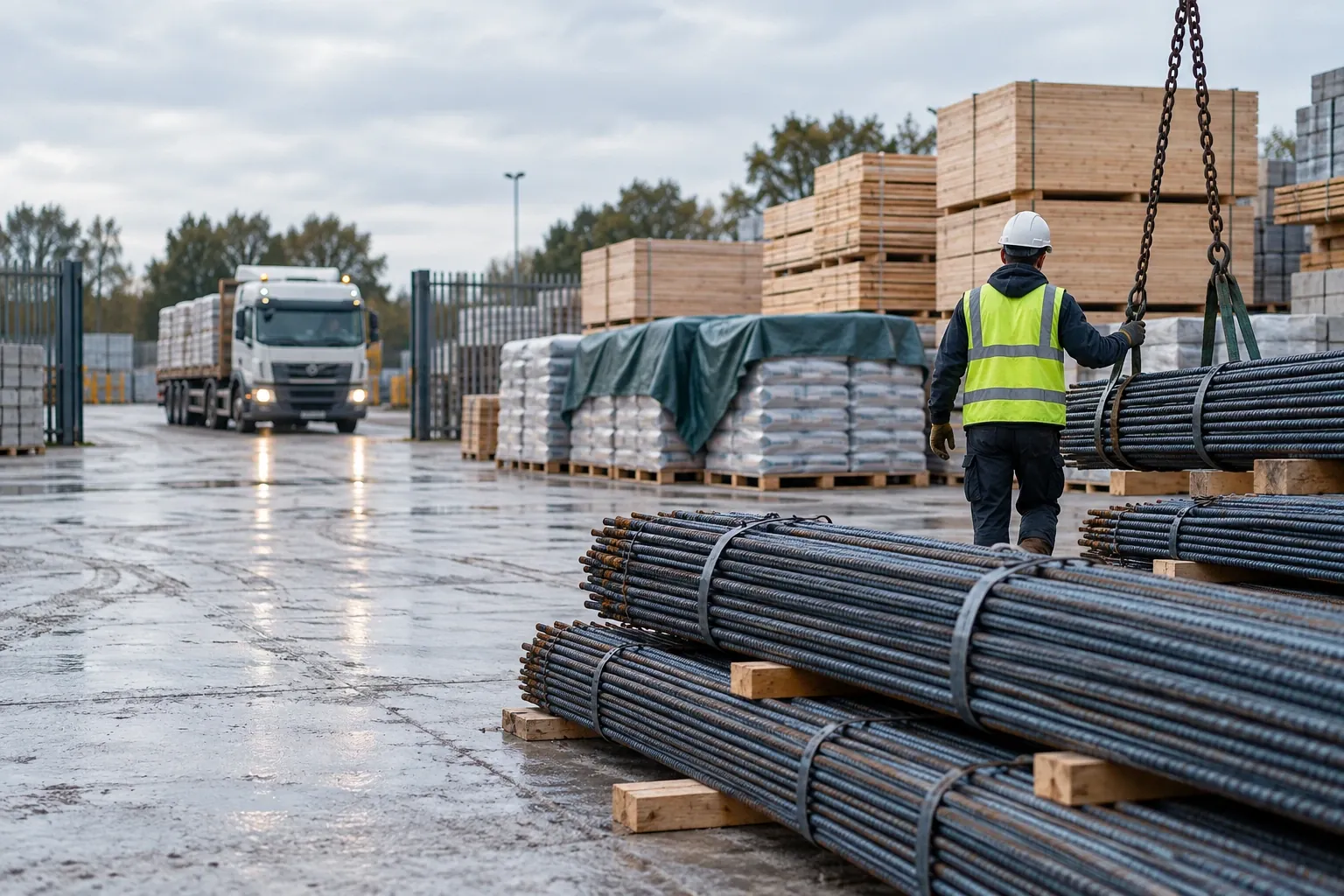 A materials yard with bundles of steel reinforcement bars, stacked timber and covered cement bags, and a delivery truck at the gate.