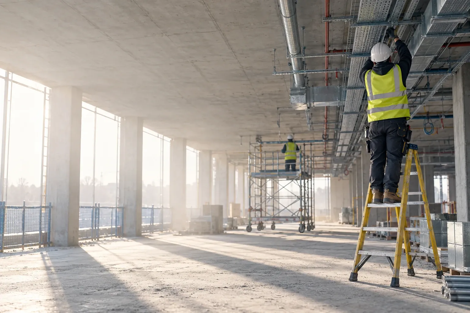 A worker on a step ladder fixing services to a concrete ceiling inside a building under construction, with a mobile scaffold tower behind.