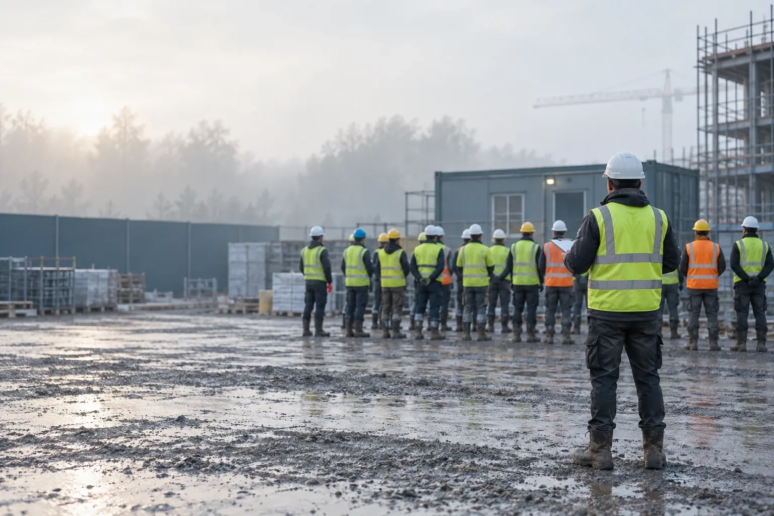 A supervisor with a clipboard facing a line of construction workers in hard hats and hi-vis vests at a morning roll call.