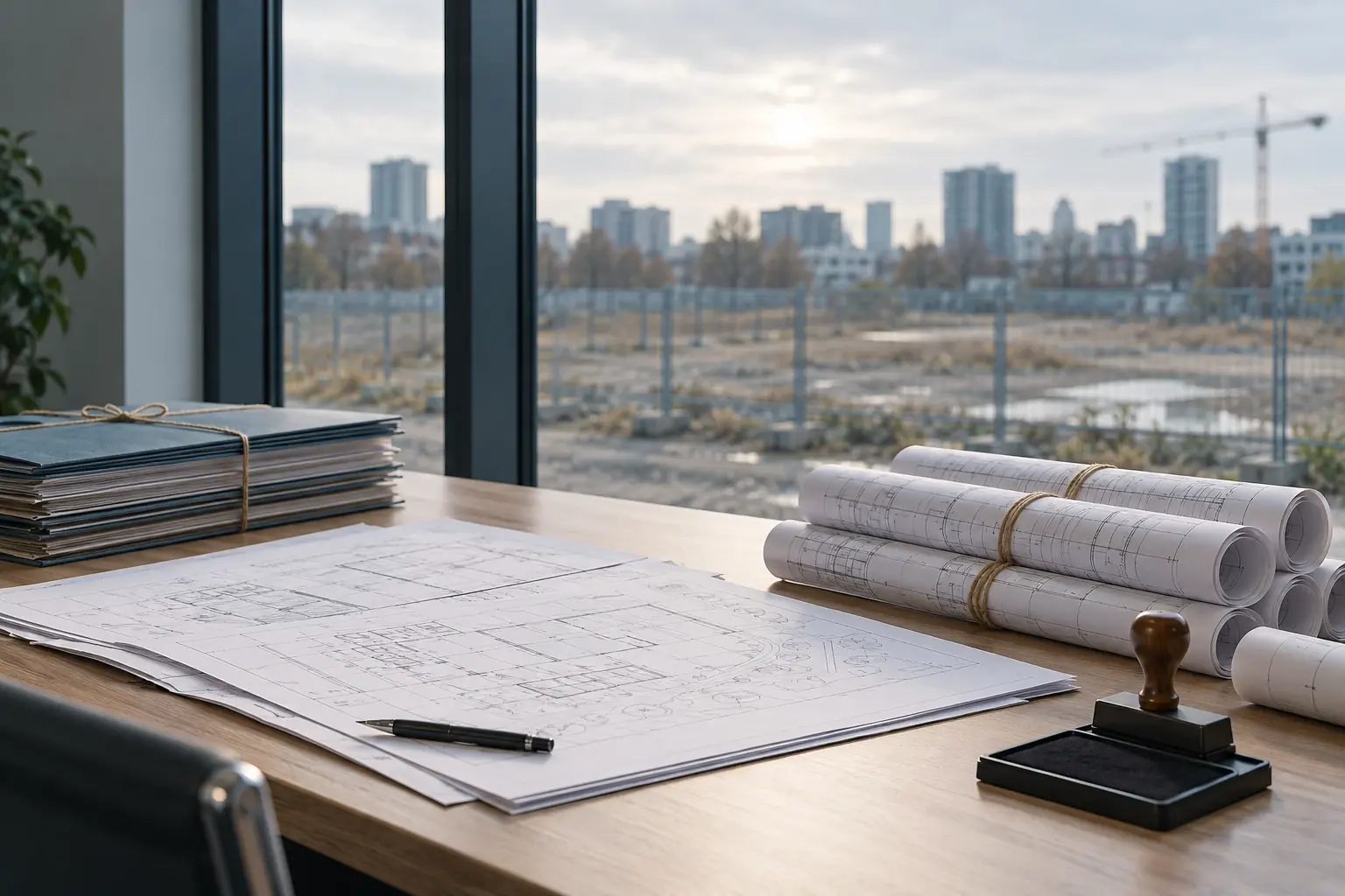 A desk by a window with drawing sets tied with string, a rubber stamp and ink pad, overlooking a fenced vacant plot waiting for construction.