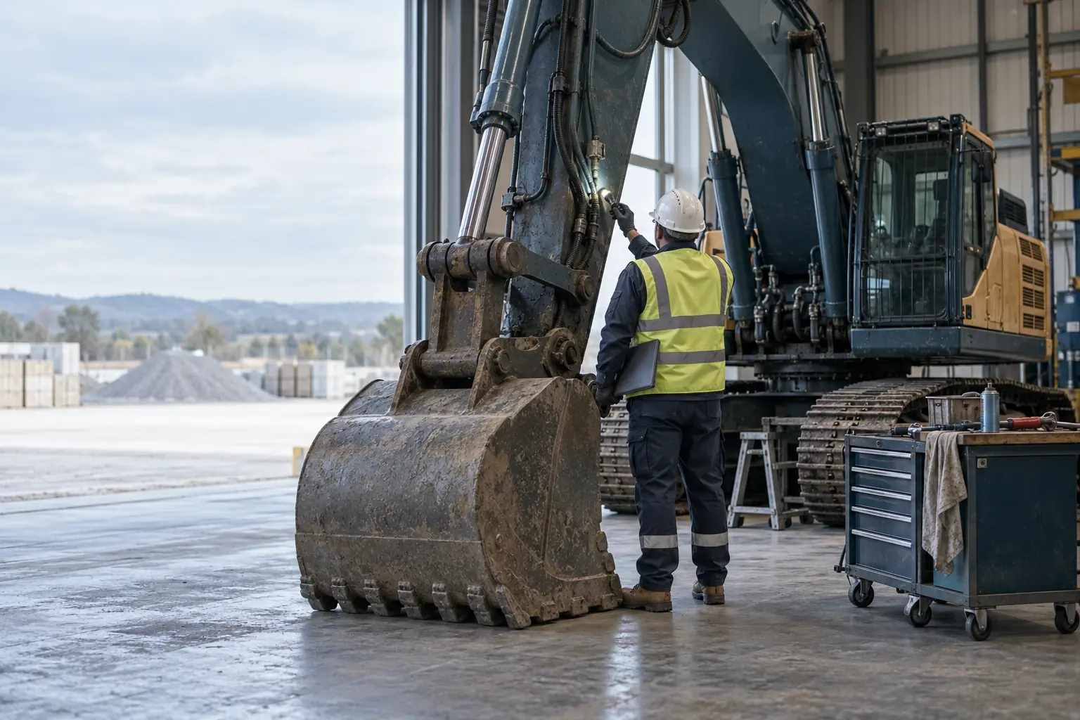 A technician with a torch inspecting the hydraulic lines on an excavator arm in an open workshop bay, with a tool trolley alongside.
