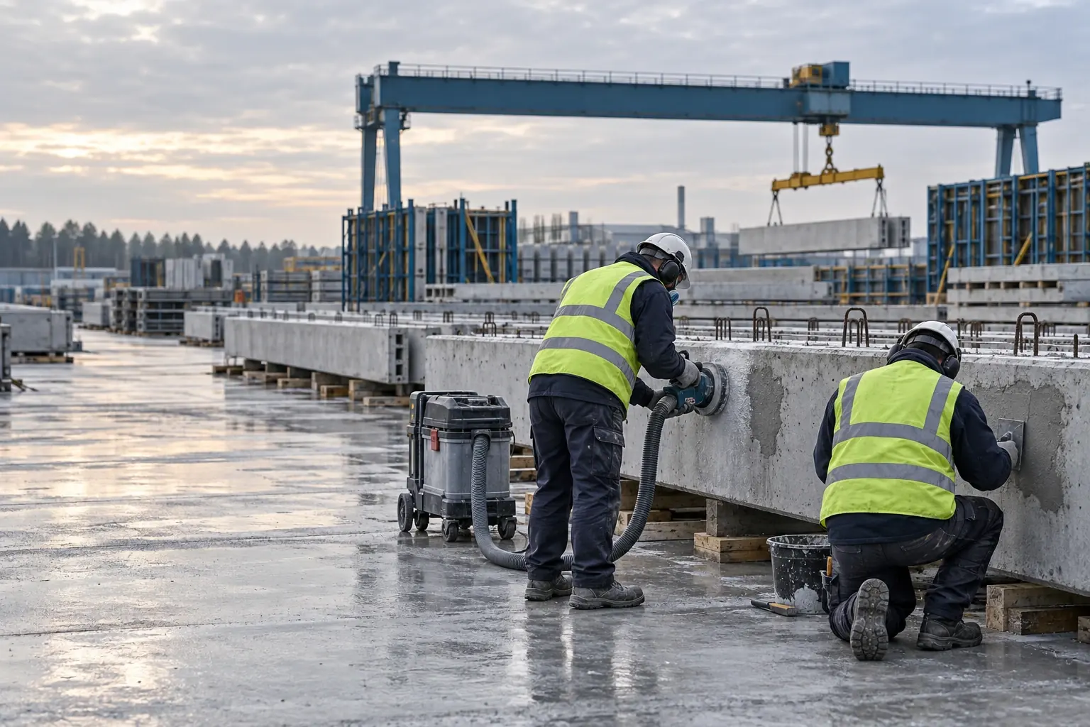 Two workers in PPE repairing a precast concrete beam with a dust-extracted grinder and patching tools, with a gantry crane behind.