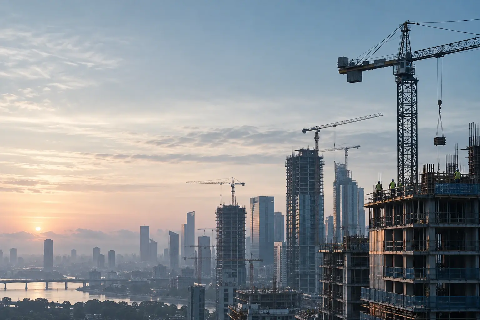 A city skyline at sunrise with several towers under construction and tower cranes, workers in hi-vis on the nearest slab.